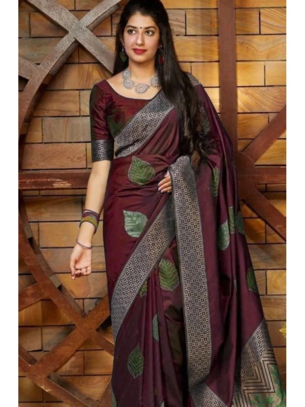 Women's Litchi silk Printed Saree With Unstitched Blouse (Maroon)