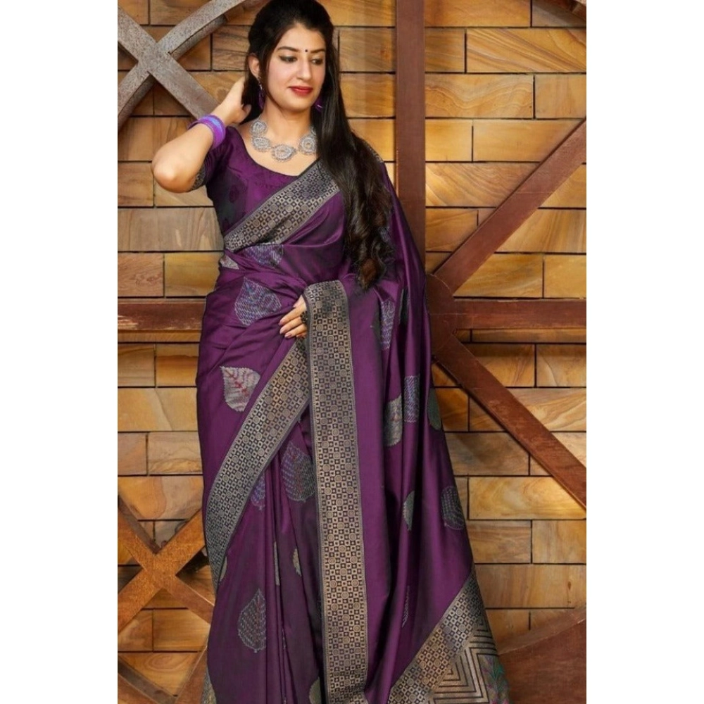 BSB233-SASYYYH-4027-PUR-Main-1000x1000-1.webp Women's Litchi silk Printed Saree With Unstitched Blouse (Purple) - Image 1