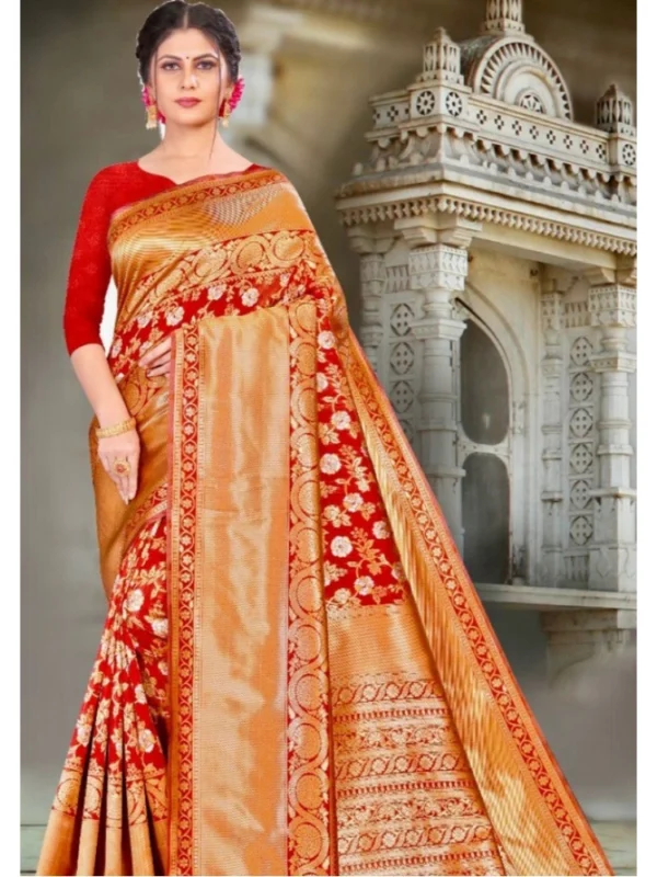 Women's Litchi silk Printed Saree With Unstitched Blouse (Red)