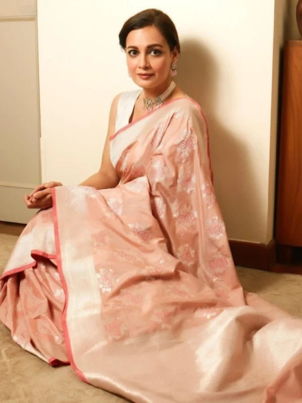 Women's Litchi silk Printed Saree With Unstitched Blouse (Peach)