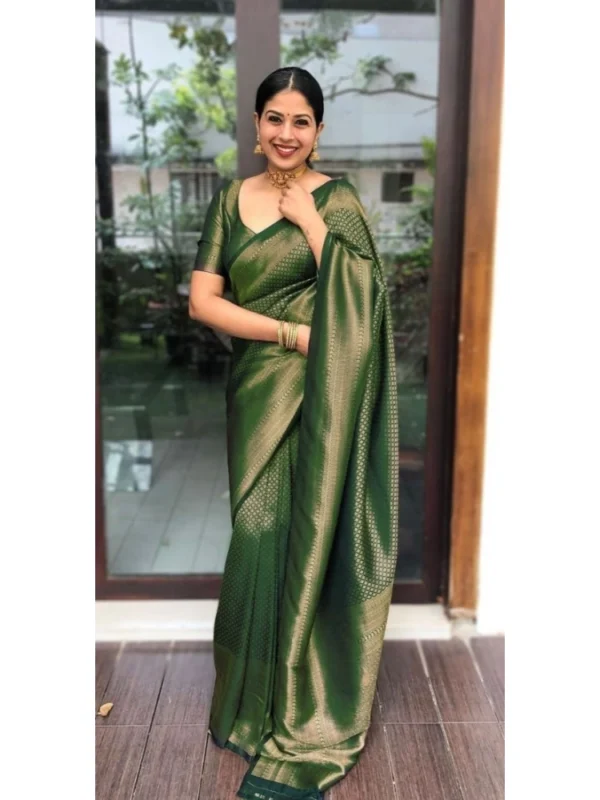 Women's Litchi silk Printed Saree With Unstitched Blouse (Green)