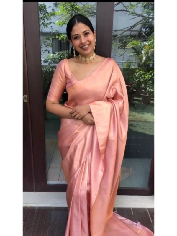 Women's Litchi silk Printed Saree With Unstitched Blouse (Peach)