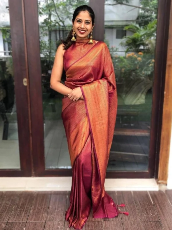 Women's Litchi silk Printed Saree With Unstitched Blouse (Red)