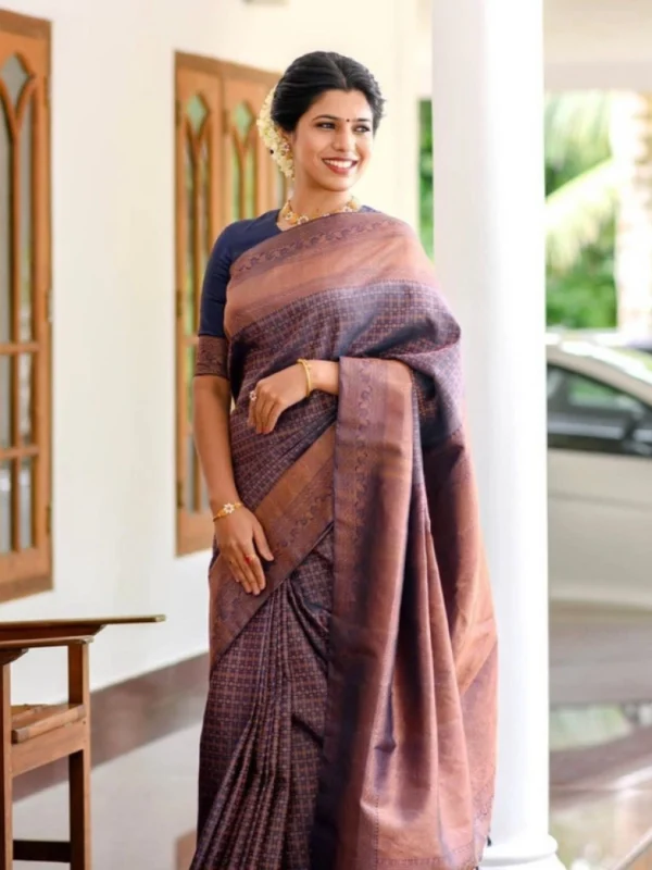 Women's Litchi silk Printed Saree With Unstitched Blouse (Navy Blue)
