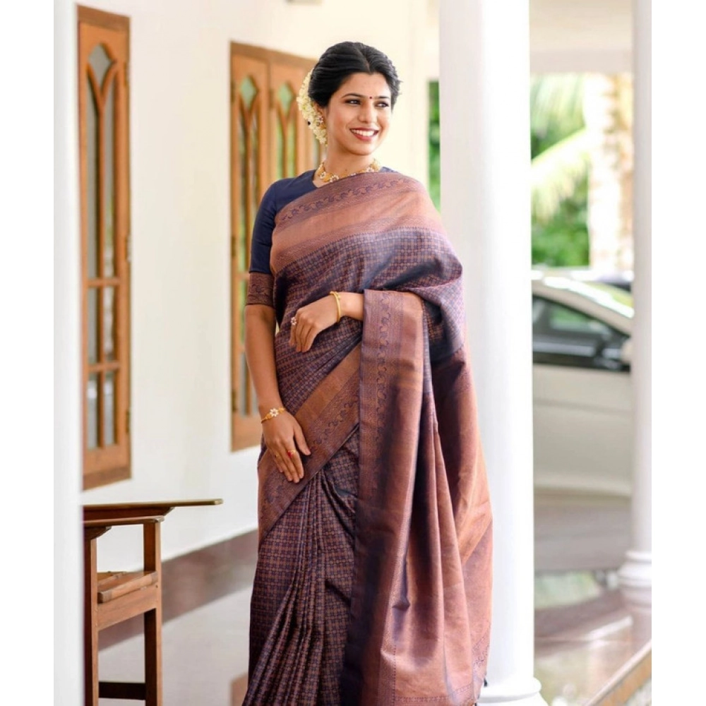 BSB233-SASYYYH-4045-NAVYBLUE-Main-1000x1000-1.webp Women's Litchi silk Printed Saree With Unstitched Blouse (Navy Blue) - Image 1