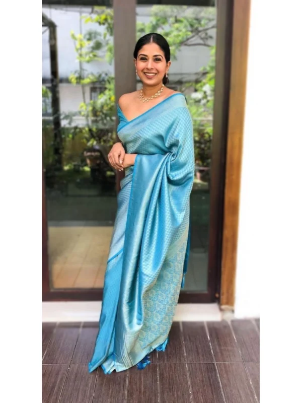 Women's Litchi silk Printed Saree With Unstitched Blouse (Sky Blue)