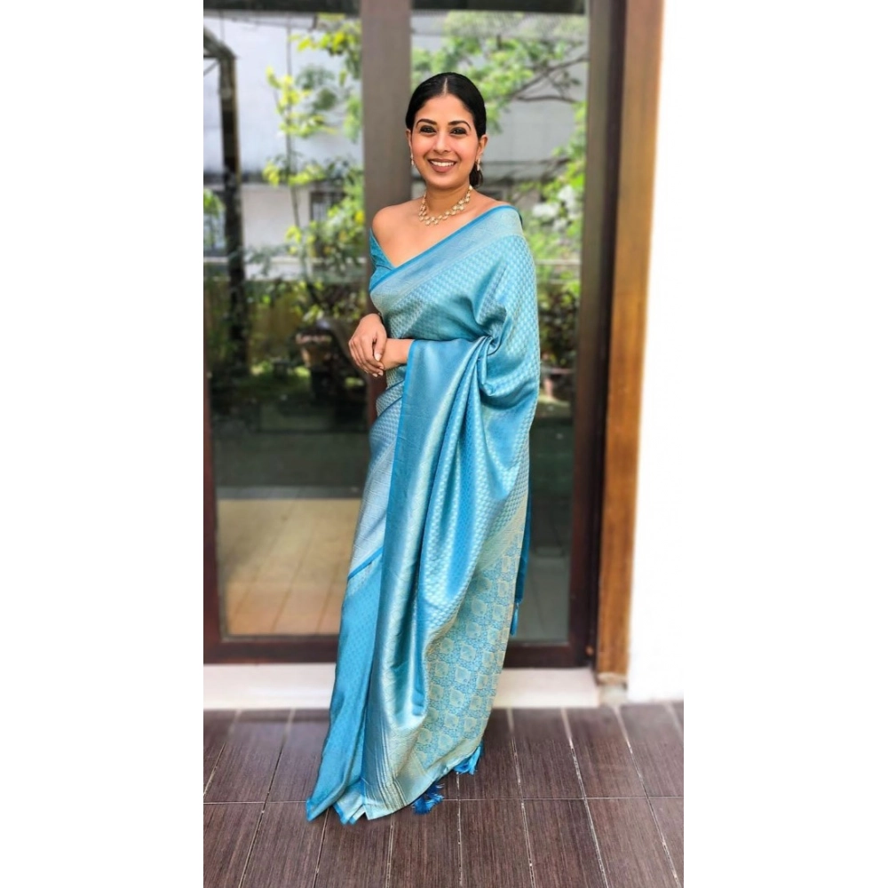 BSB233-SASYYYH-4049-SKYBLUE-Main-1000x1000-1.webp Women's Litchi silk Printed Saree With Unstitched Blouse (Sky Blue) - Image 1