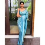 Women's Litchi silk Printed Saree With Unstitched Blouse (Sky Blue) - Image 3