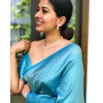 Women's Litchi silk Printed Saree With Unstitched Blouse (Sky Blue) - Image 2