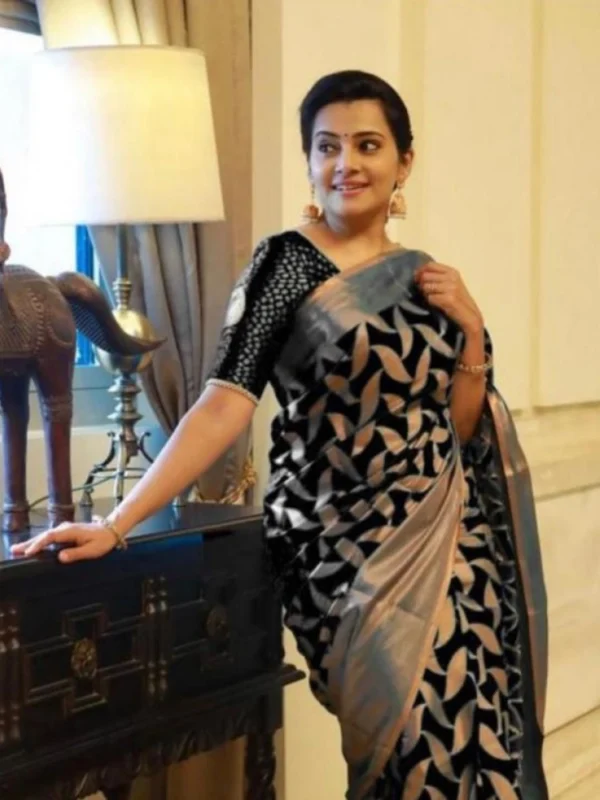 Women's Litchi silk Printed Saree With Unstitched Blouse (Black)