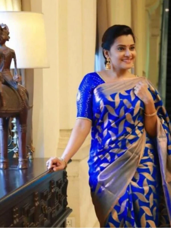 Women's Litchi silk Printed Saree With Unstitched Blouse (Blue)