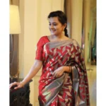 Women's Litchi silk Printed Saree With Unstitched Blouse (Red) - Image 2