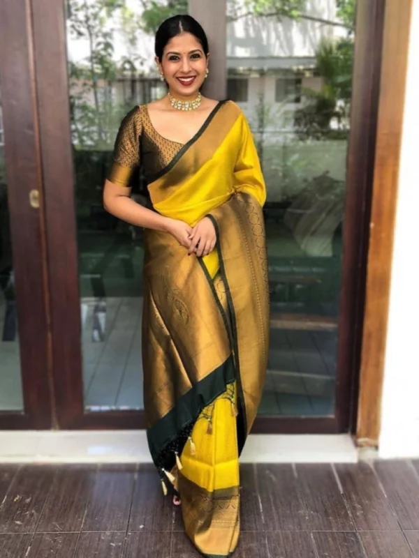 Women's Litchi silk Printed Saree With Unstitched Blouse (Yellow)