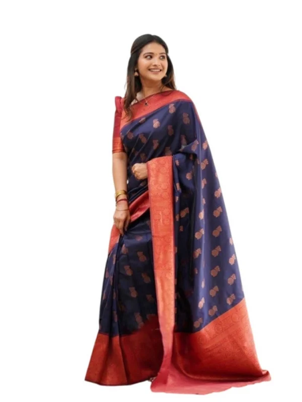 Women's Litchi silk Printed Saree With Unstitched Blouse (Blue)