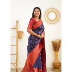 Women's Litchi silk Printed Saree With Unstitched Blouse (Blue) - Image 3