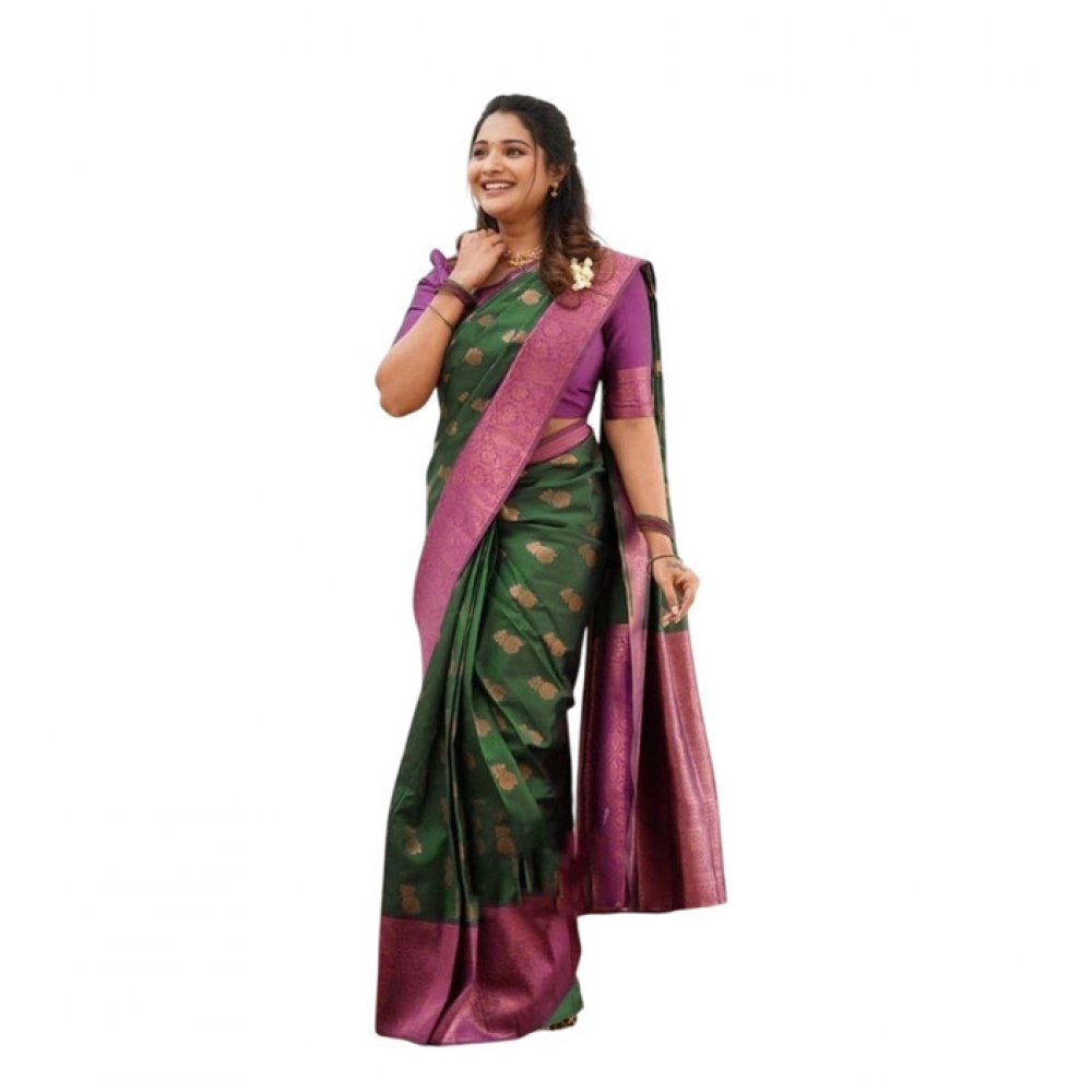 BSB233-SASYYYH-4061-GREEN-Main-1000x1000-1.webp Women's Litchi silk Printed Saree With Unstitched Blouse (Green) - Image 1