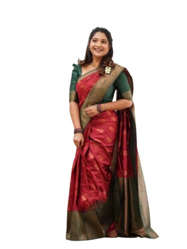 Women's Litchi silk Printed Saree With Unstitched Blouse (Red)