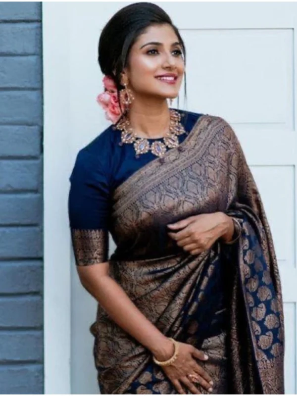 Women's Litchi silk Printed Saree With Unstitched Blouse (Blue)