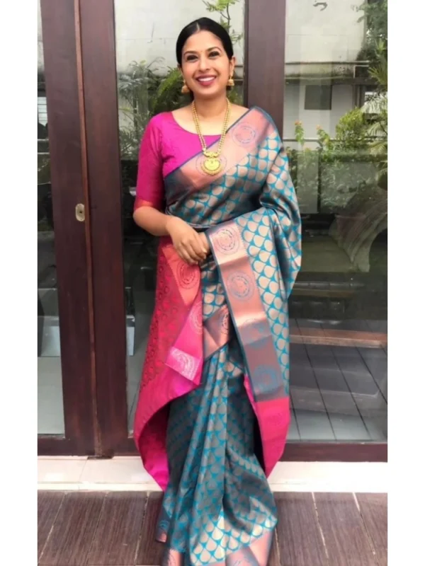 Women's Litchi silk Printed Saree With Unstitched Blouse (Blue)