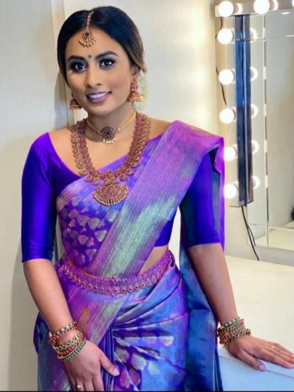Women's Litchi silk Printed Saree With Unstitched Blouse (Blue)