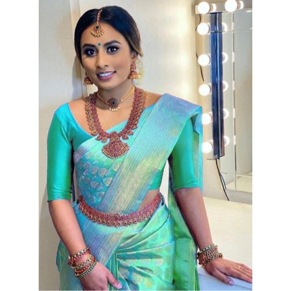 BSB233-SASYYYH-4067-GREEN-Main-1000x1000-1.webp Women's Litchi silk Printed Saree With Unstitched Blouse (Green) - Image 1