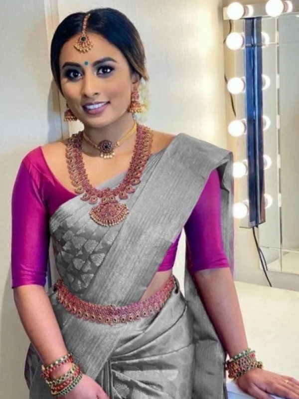 Women's Litchi silk Printed Saree With Unstitched Blouse (Grey)