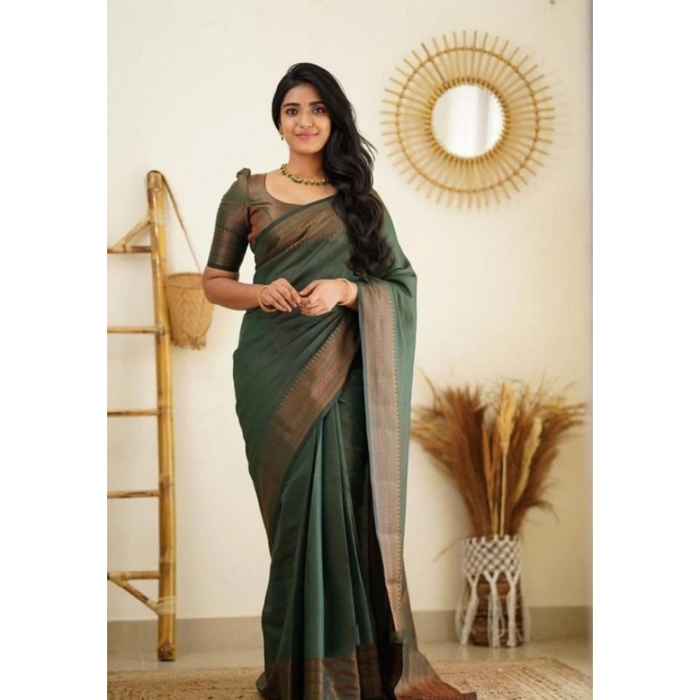 BSB233-SASYYYH-4068-GREEN-Main-1000x1000-1.webp Women's Litchi silk Printed Saree With Unstitched Blouse (Green) - Image 1