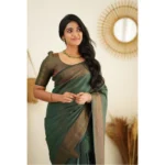 Women's Litchi silk Printed Saree With Unstitched Blouse (Green) - Image 2