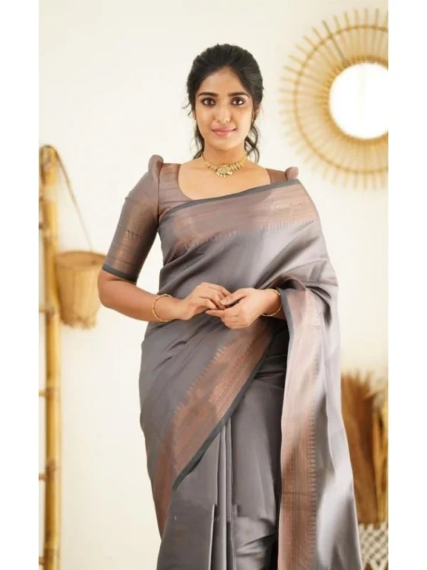 Women's Litchi silk Printed Saree With Unstitched Blouse (Grey)