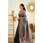 Women's Litchi silk Printed Saree With Unstitched Blouse (Grey) - Image 4