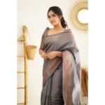 Women's Litchi silk Printed Saree With Unstitched Blouse (Grey) - Image 3