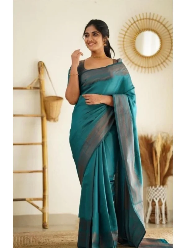 Women's Litchi silk Printed Saree With Unstitched Blouse (Rama Blue)