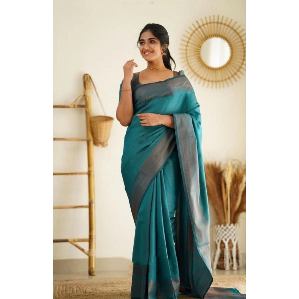 BSB233-SASYYYH-4068-RAMA-Main-1000x1000-1.webp Women's Litchi silk Printed Saree With Unstitched Blouse (Rama Blue) - Image 1