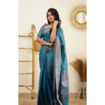 Women's Litchi silk Printed Saree With Unstitched Blouse (Rama Blue) - Image 3