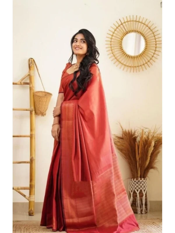 Women's Litchi silk Printed Saree With Unstitched Blouse (Red)
