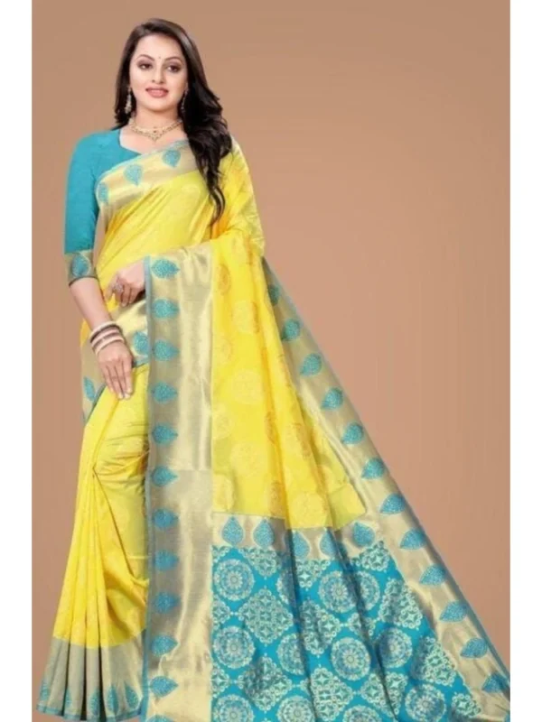 Women's Litchi silk Printed Saree With Unstitched Blouse (Yellow)
