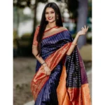 Women's Litchi silk Printed Saree With Unstitched Blouse (Blue) - Image 3