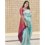 Women's Litchi silk Printed Saree With Unstitched Blouse (Blue) - Image 4