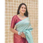 Women's Litchi silk Printed Saree With Unstitched Blouse (Blue) - Image 3