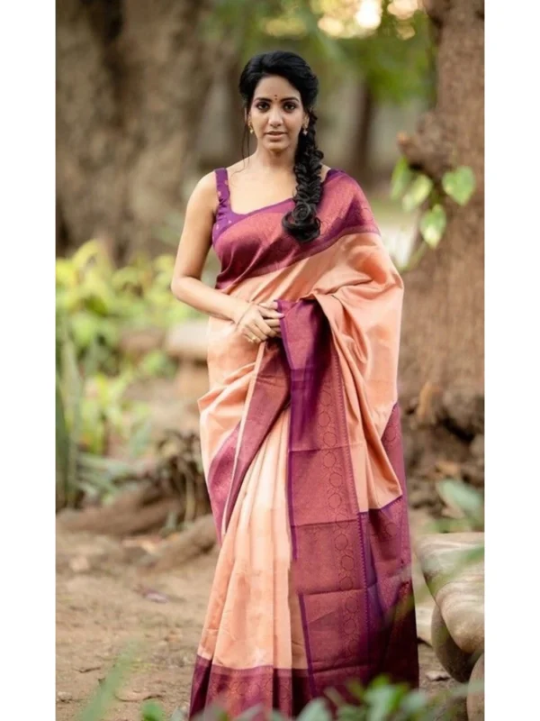 Women's Litchi silk Printed Saree With Unstitched Blouse (Beige)