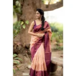 Women's Litchi silk Printed Saree With Unstitched Blouse (Beige) - Image 2