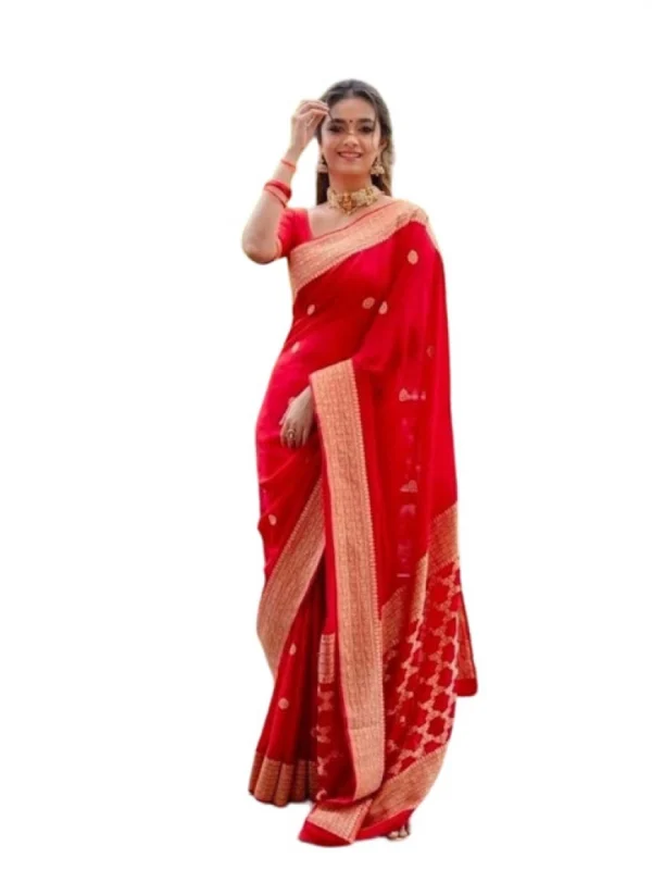 Women's Litchi silk Printed Saree With Unstitched Blouse (Red)