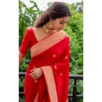 Women's Litchi silk Printed Saree With Unstitched Blouse (Red) - Image 4