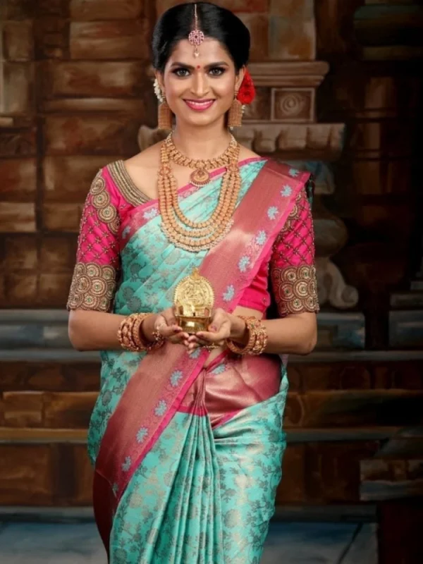 Women's Litchi silk Printed Saree With Unstitched Blouse (Turquise Blue)