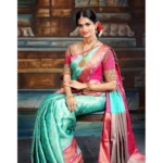 Women's Litchi silk Printed Saree With Unstitched Blouse (Turquise Blue) - Image 3