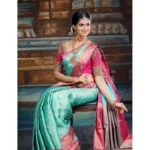 Women's Litchi silk Printed Saree With Unstitched Blouse (Turquise Blue) - Image 2