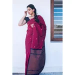 Women's Litchi silk Printed Saree With Unstitched Blouse (Red) - Image 3