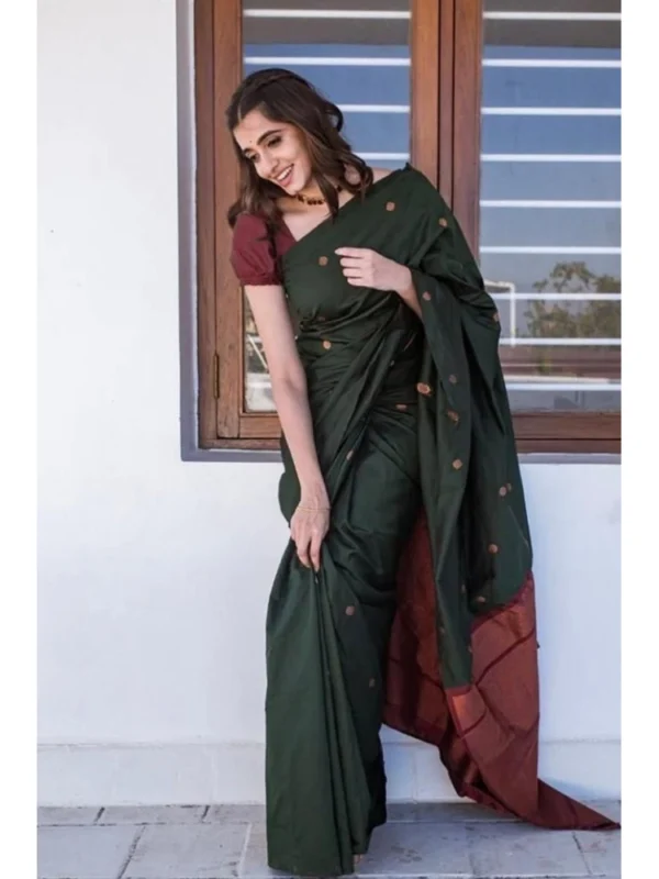 Women's Litchi silk Printed Saree With Unstitched Blouse (Dark Green)