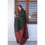 Women's Litchi silk Printed Saree With Unstitched Blouse (Dark Green) - Image 2