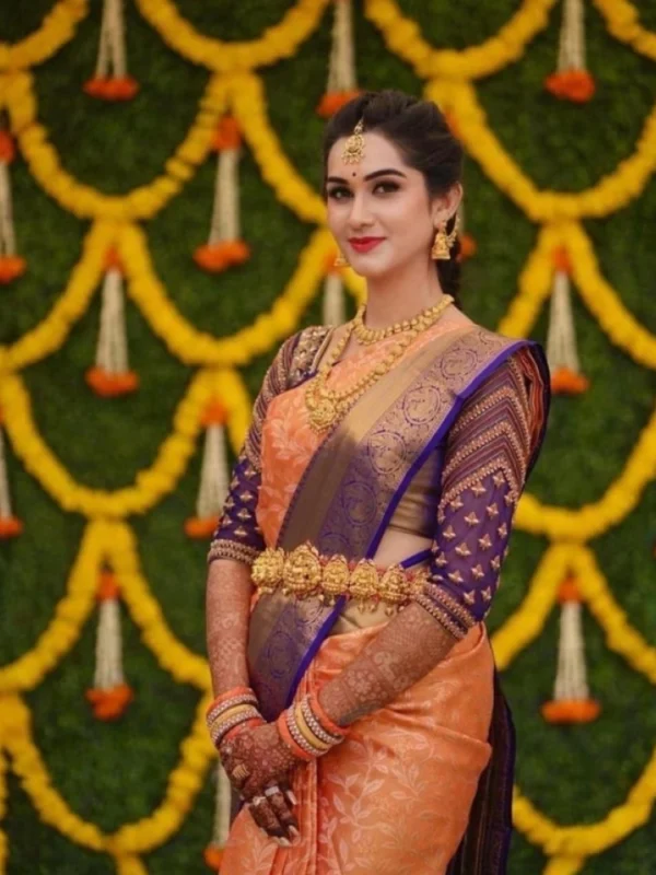 Women's Litchi silk Printed Saree With Unstitched Blouse (Orange)